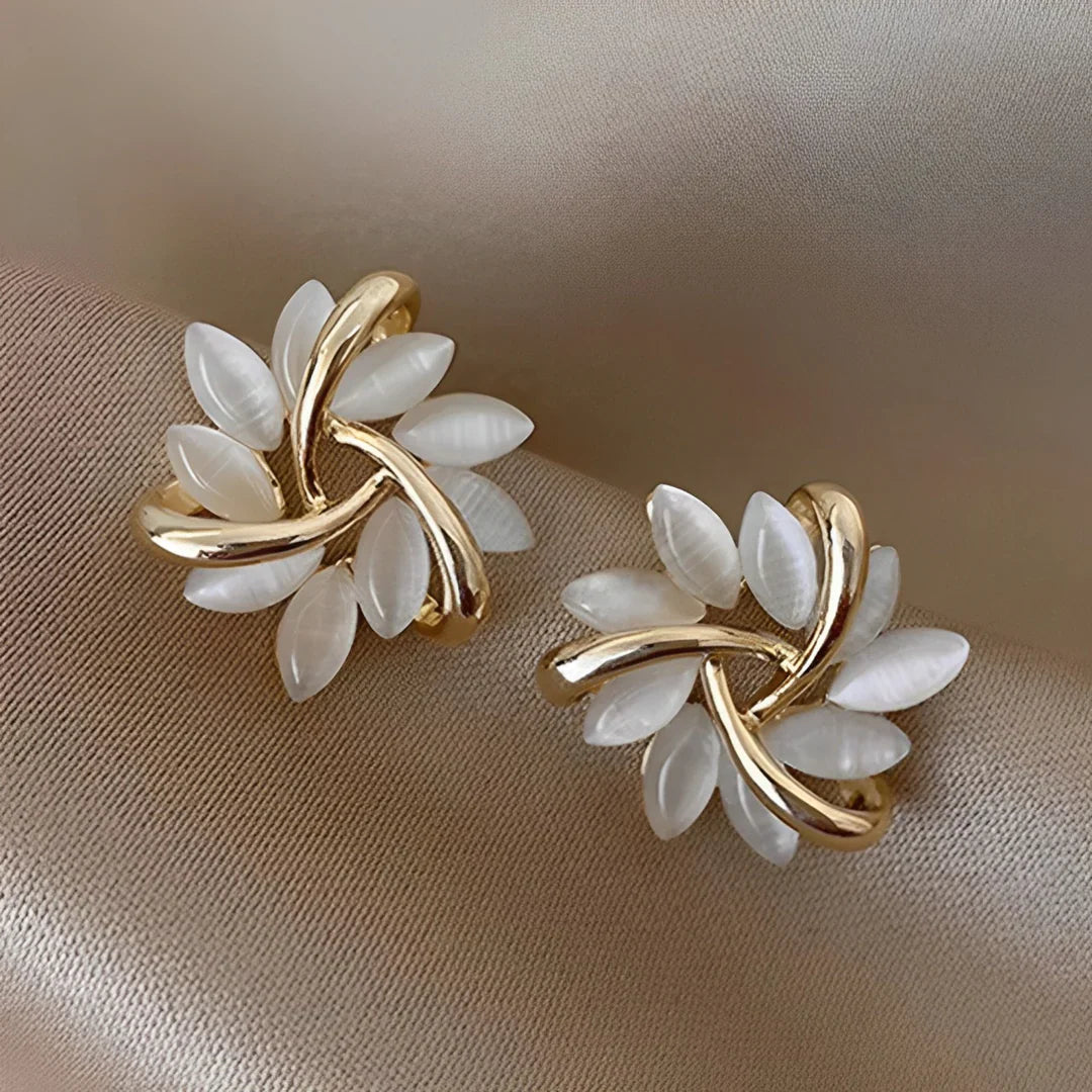 Moon Opal & Petal Earrings – Gold Plated