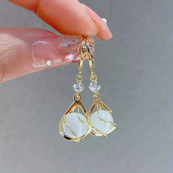 White Opal Drop Earrings – Gold Finish